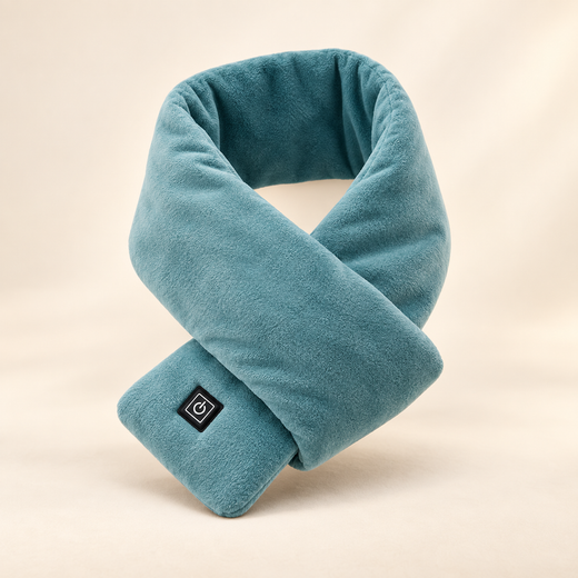 NeckHeat heated scarf in plush teal fleece with touch control button, product view