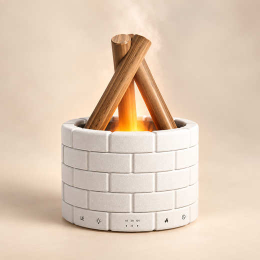 EmberMist flame-effect humidifier with white brick base and wood stick accents releasing mist