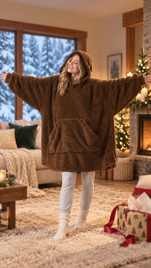Smiling woman stretching her arms in an oversized brown CloudCozy blanket hoodie beside a Christmas tree