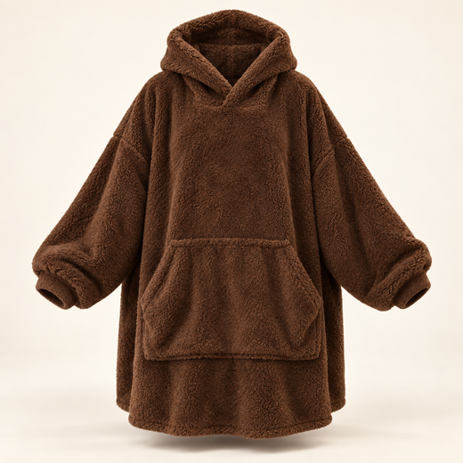 CloudCozy oversized blanket hoodie in coffee brown double-sided fleece with large front pocket, front view