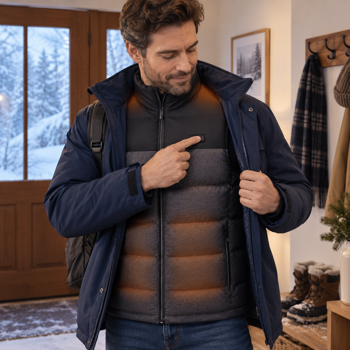 Man layering a ThermaCore heated vest under a winter jacket in a snowy entryway