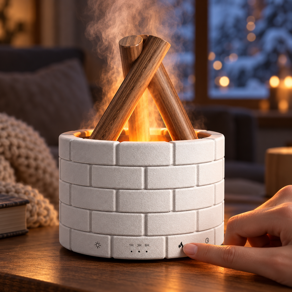 Hand adjusting the touch controls on the EmberMist flame-effect humidifier