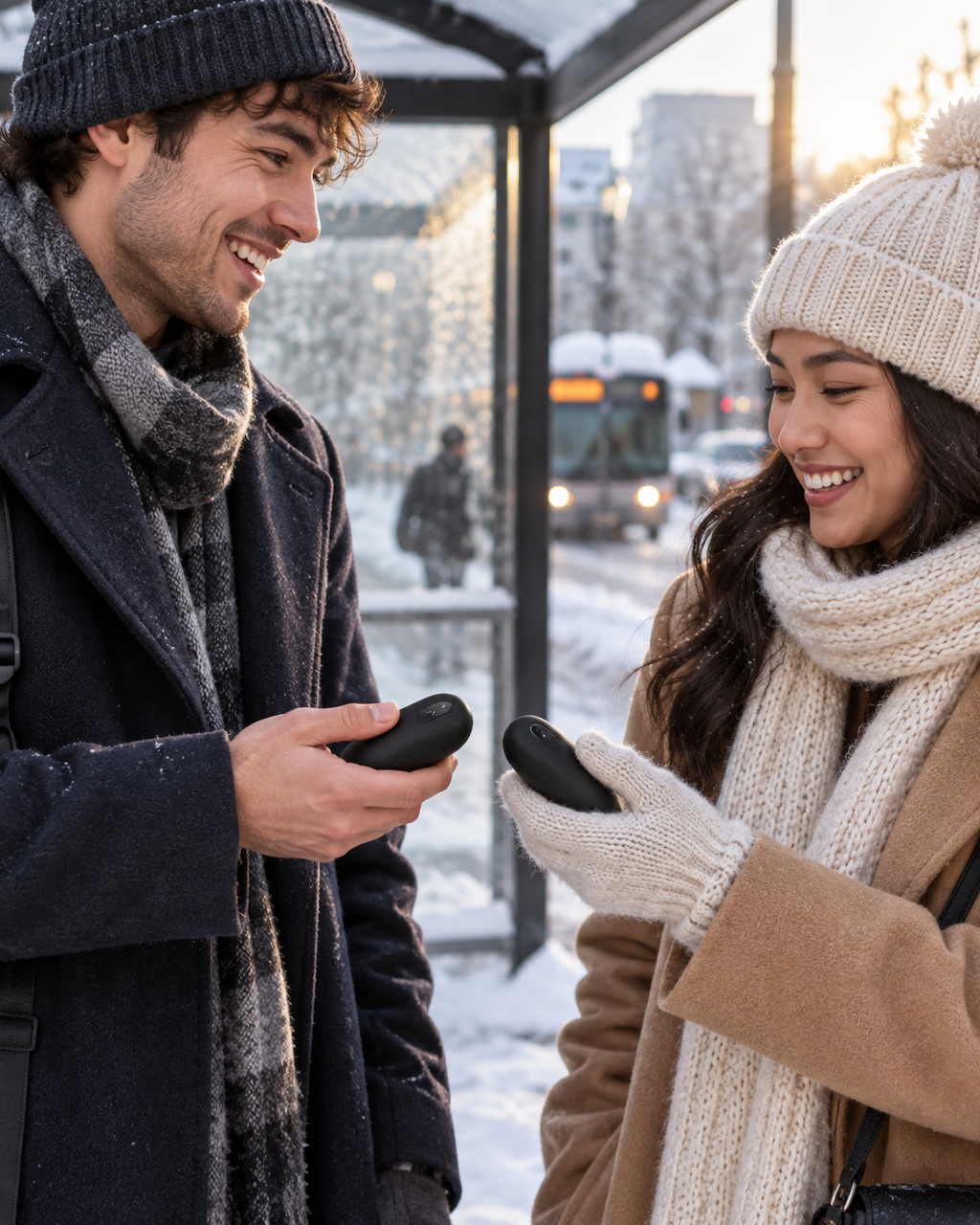 Couple at a snowy bus stop sharing the two halves of a ThermoSnap magnetic hand warmer
