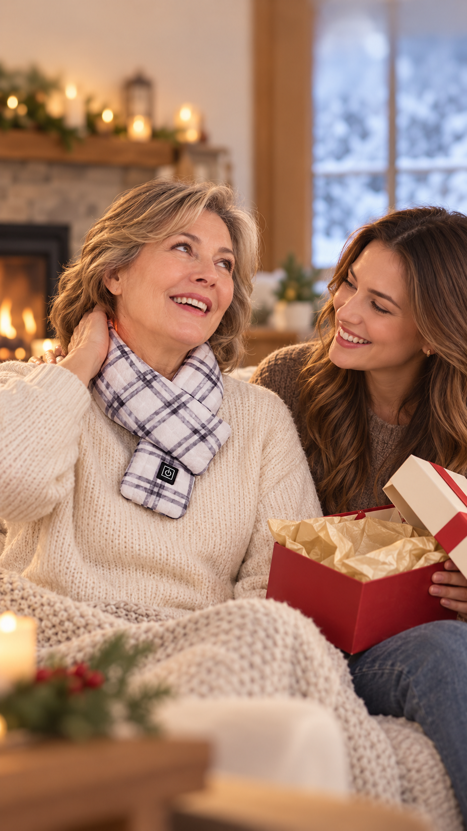 Woman gifting a plaid NeckHeat heated scarf to her mother beside the fireplace