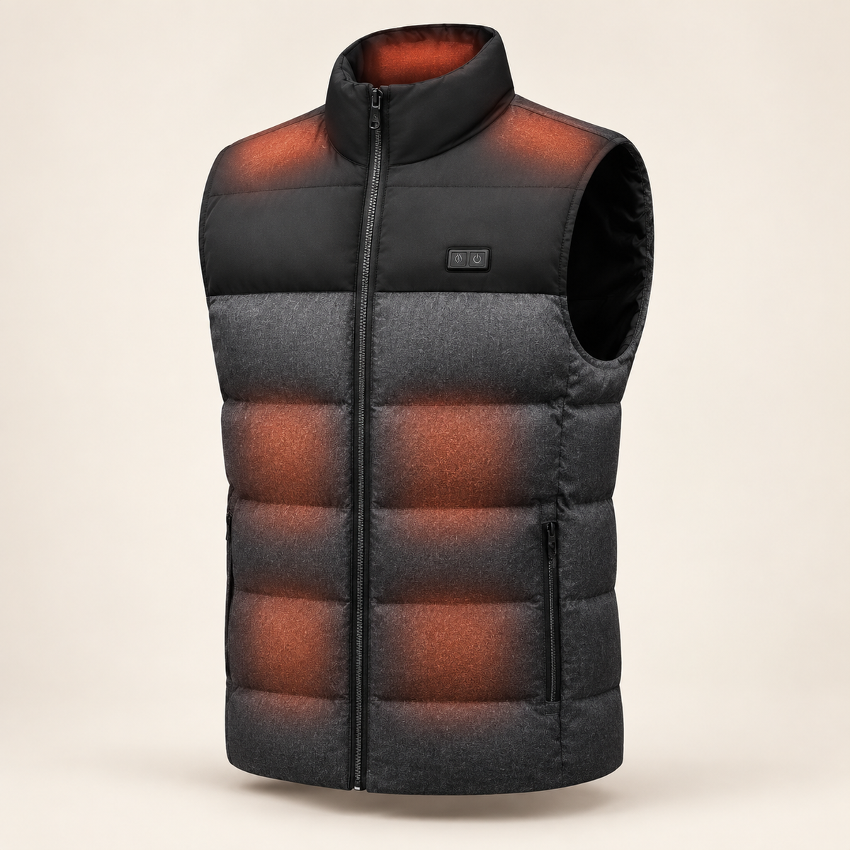 ThermaCore USB heated vest in black with all 15 heating zones glowing orange, front view