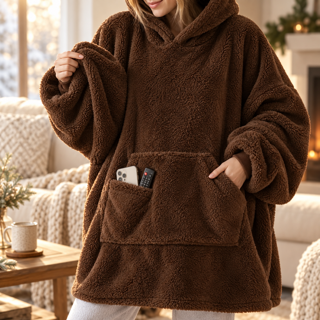 Woman in a brown CloudCozy blanket hoodie slipping her phone into the giant kangaroo pocket