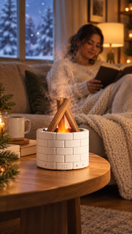 EmberMist flame humidifier glowing on a coffee table while a woman reads under a blanket