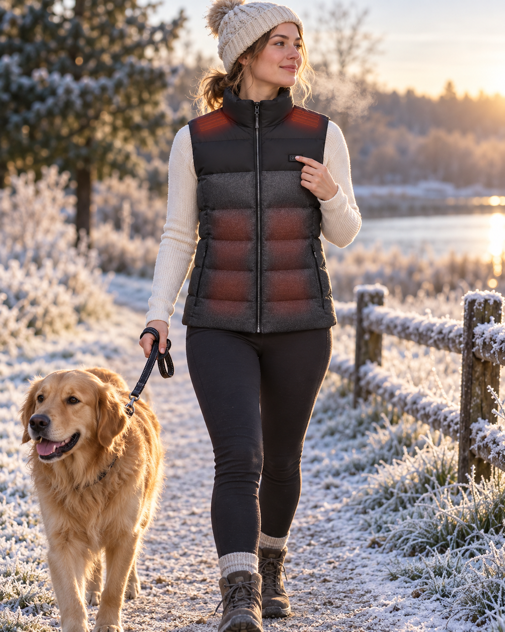 Woman walking her golden retriever on a frosty morning in a ThermaCore heated vest