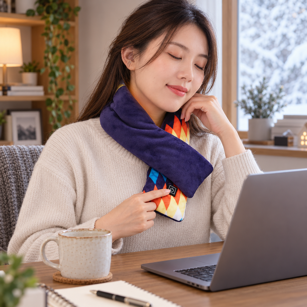 Woman working on her laptop wearing a NeckHeat heated scarf with the warming zone illustrated