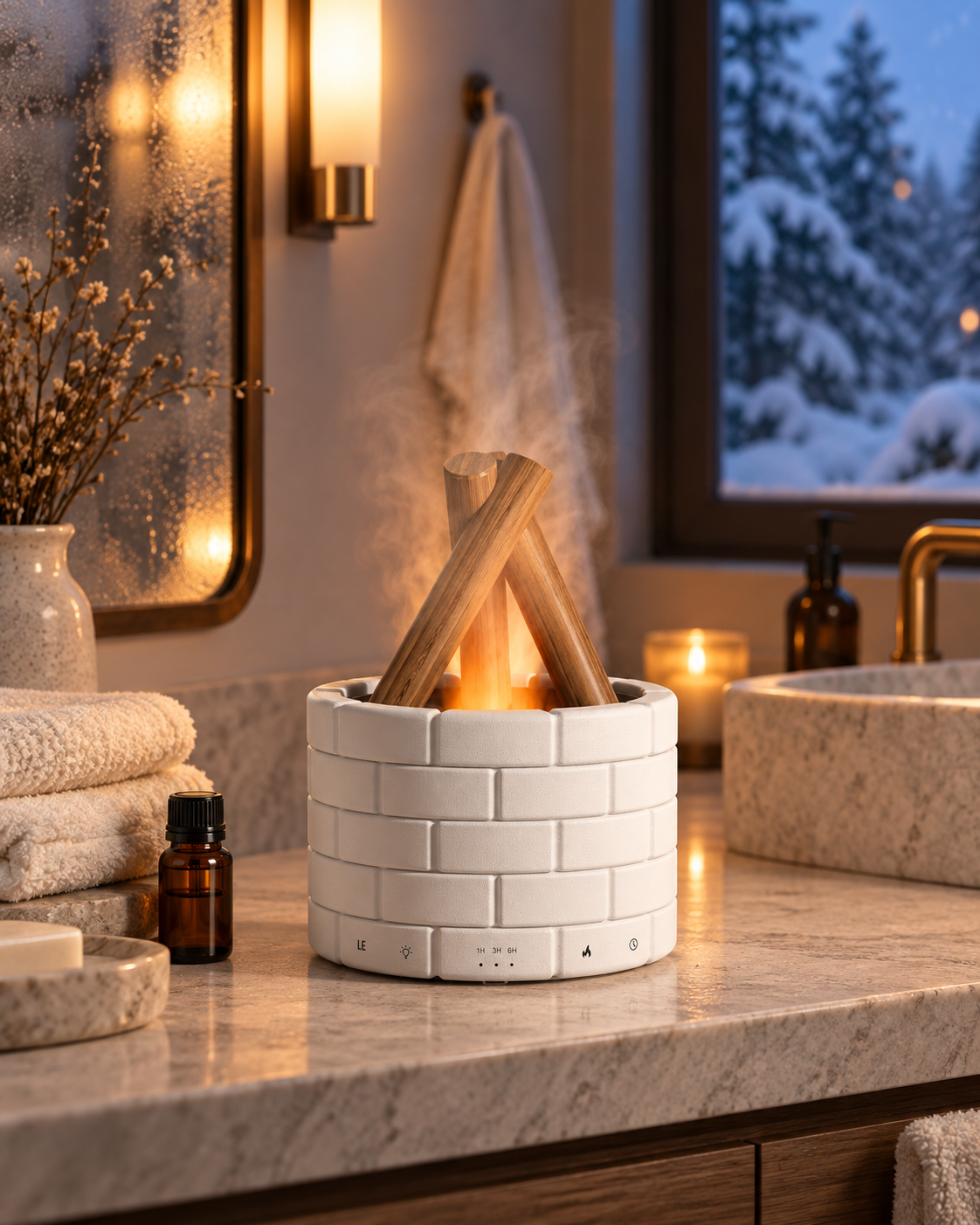 EmberMist flame humidifier misting on a bathroom counter with towels and essential oils
