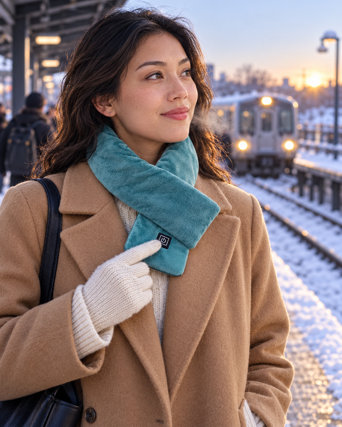 Woman wearing the teal NeckHeat heated scarf with a camel coat on a snowy train platform