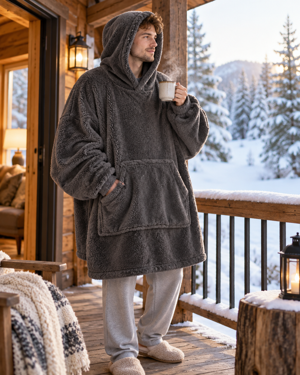 Man drinking coffee on a snowy cabin porch in a gray CloudCozy blanket hoodie