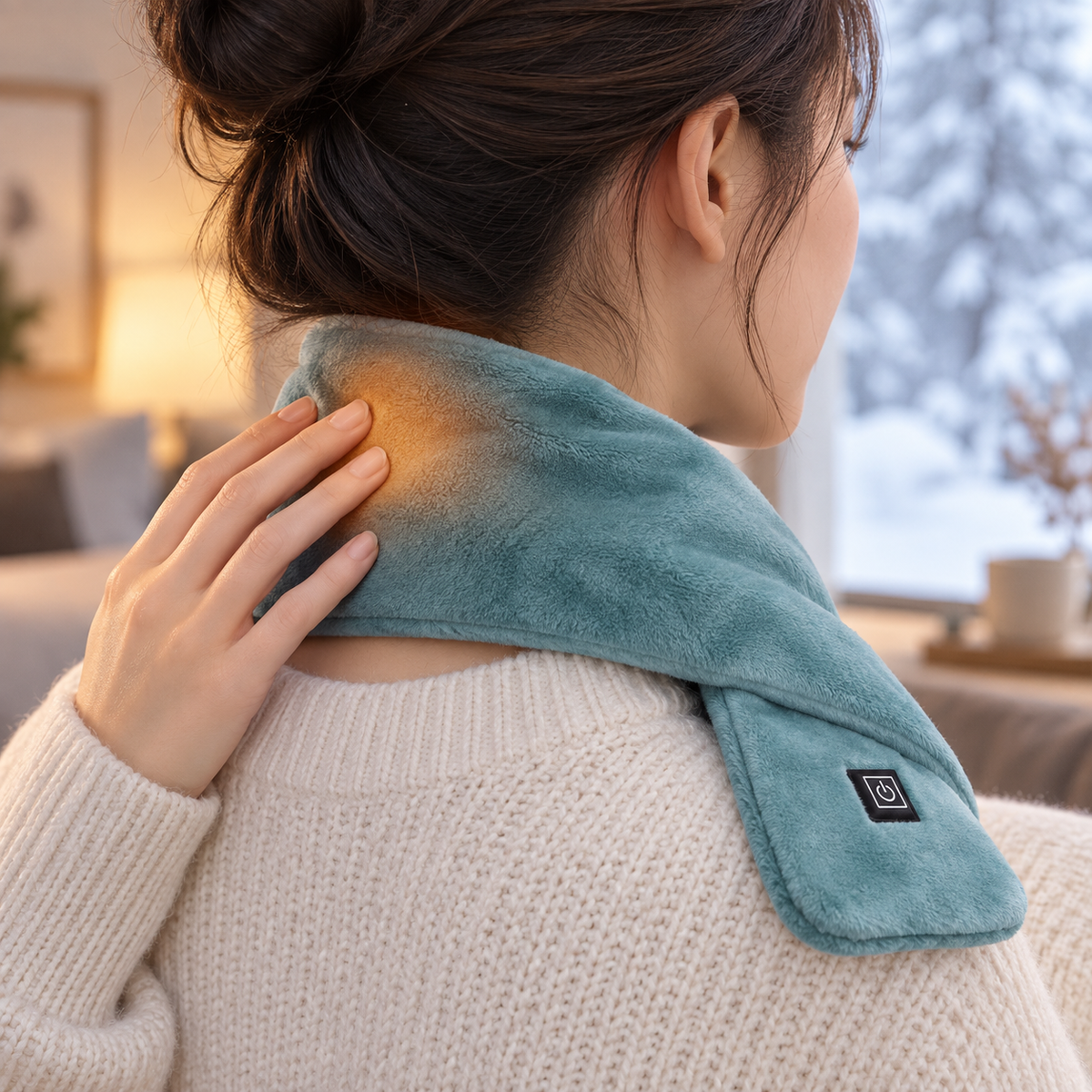 Close-up of the NeckHeat heated scarf glowing warm at the back of the neck