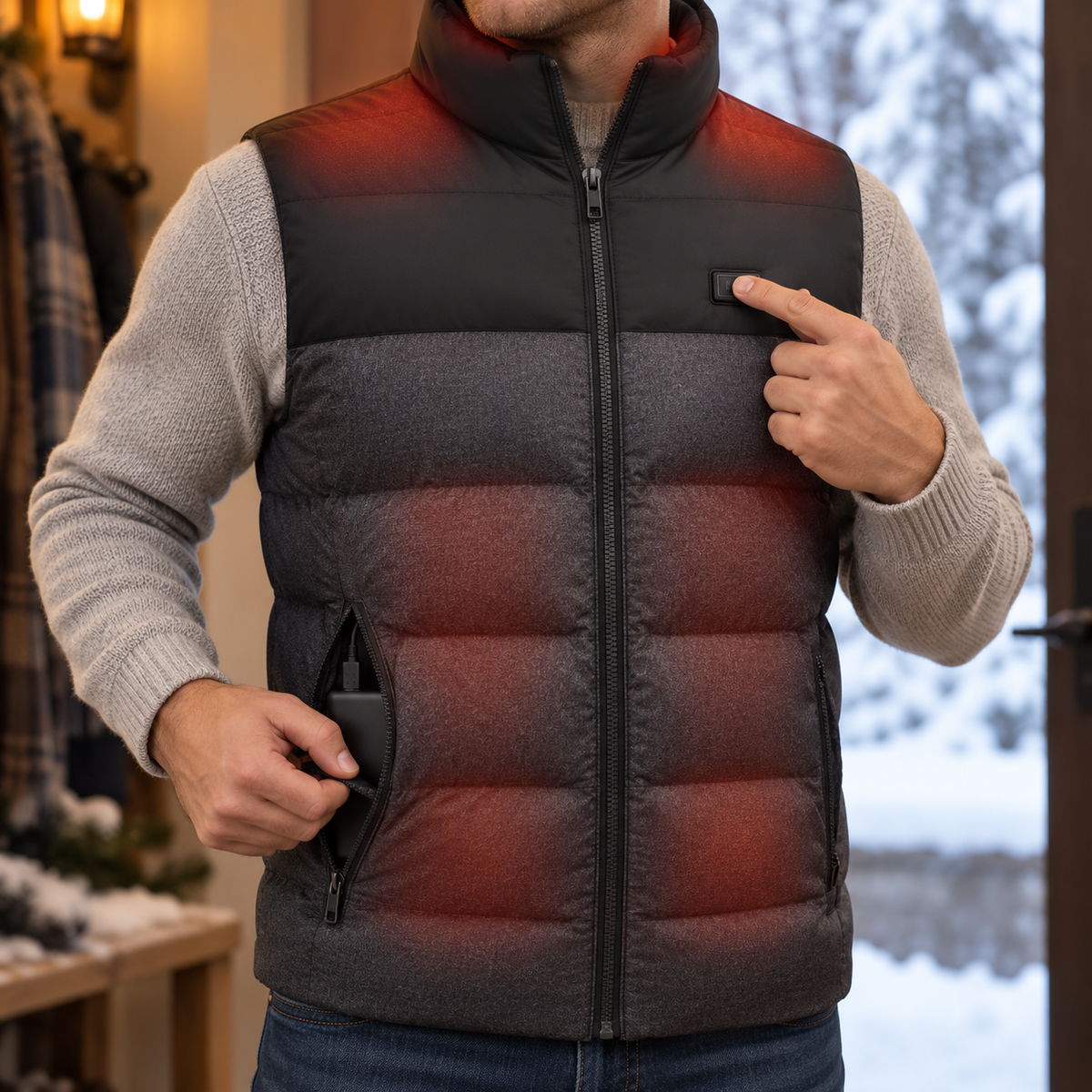 Man pointing to the glowing chest heating zones on a black ThermaCore USB heated vest
