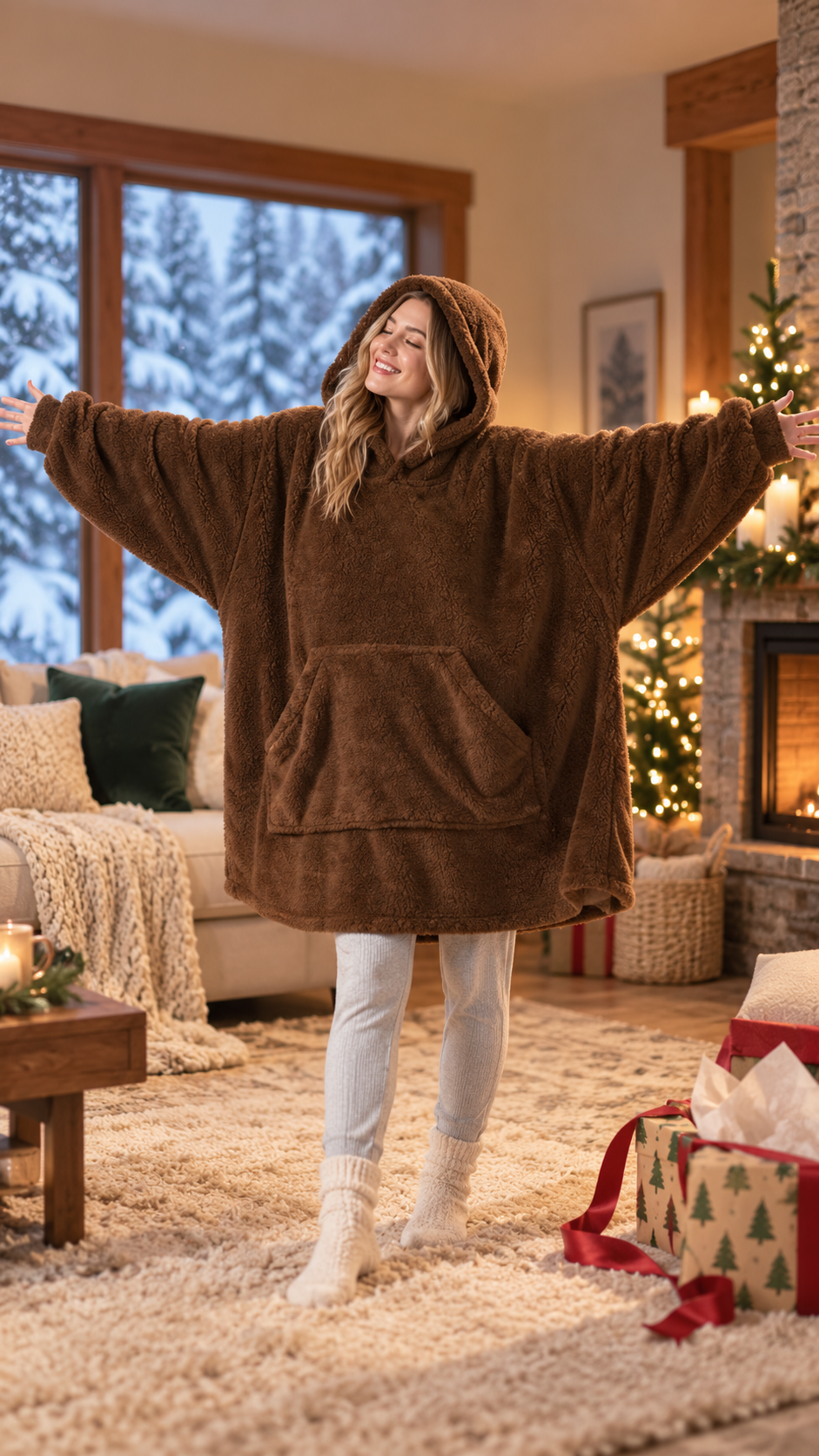 Smiling woman stretching her arms in an oversized brown CloudCozy blanket hoodie beside a Christmas tree