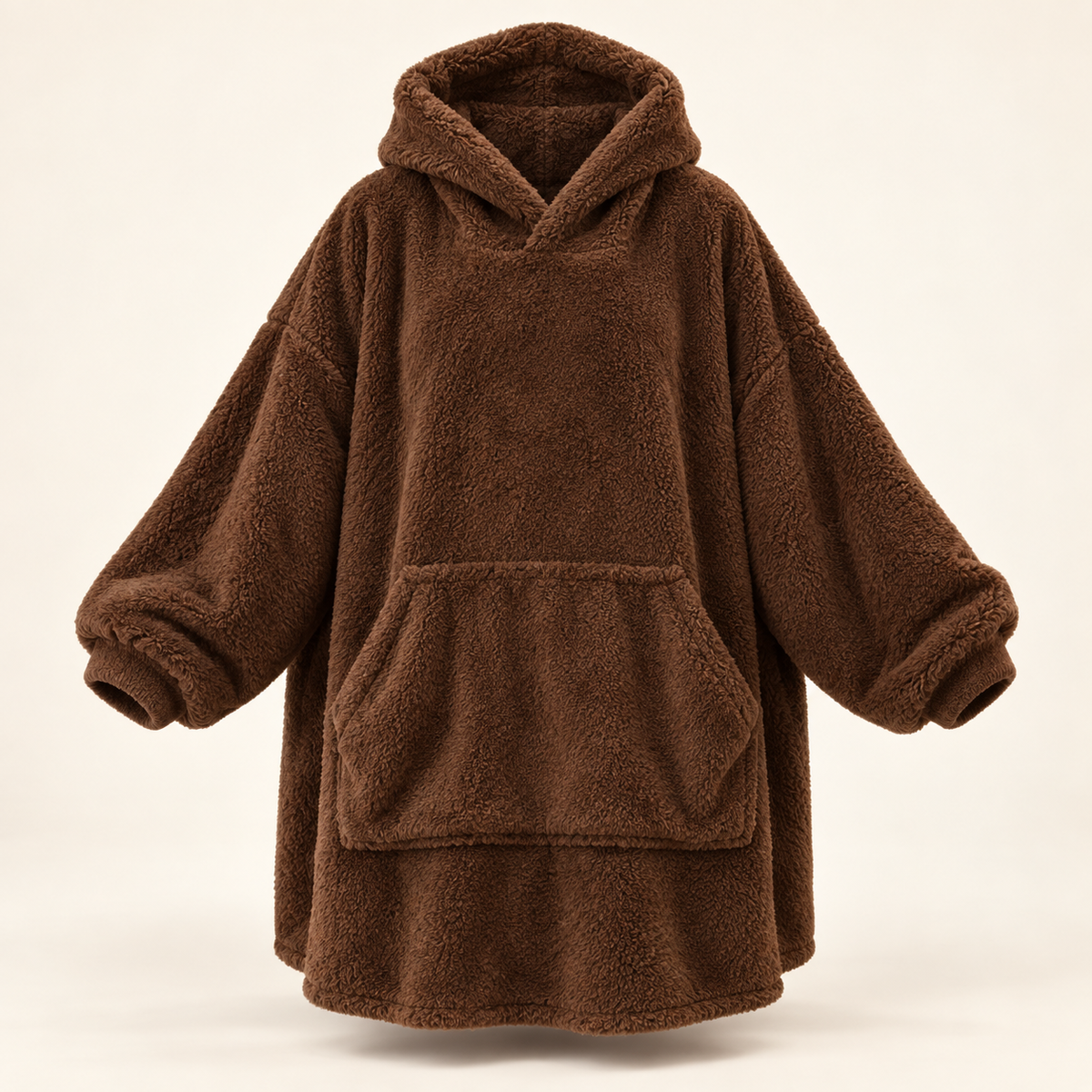 CloudCozy oversized blanket hoodie in coffee brown double-sided fleece with large front pocket, front view