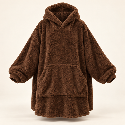 CloudCozy oversized blanket hoodie in coffee brown double-sided fleece with large front pocket, front view