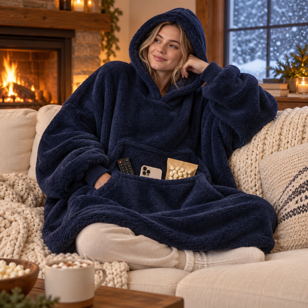 Smiling woman stretching her arms in an oversized brown CloudCozy blanket hoodie beside a Christmas tree