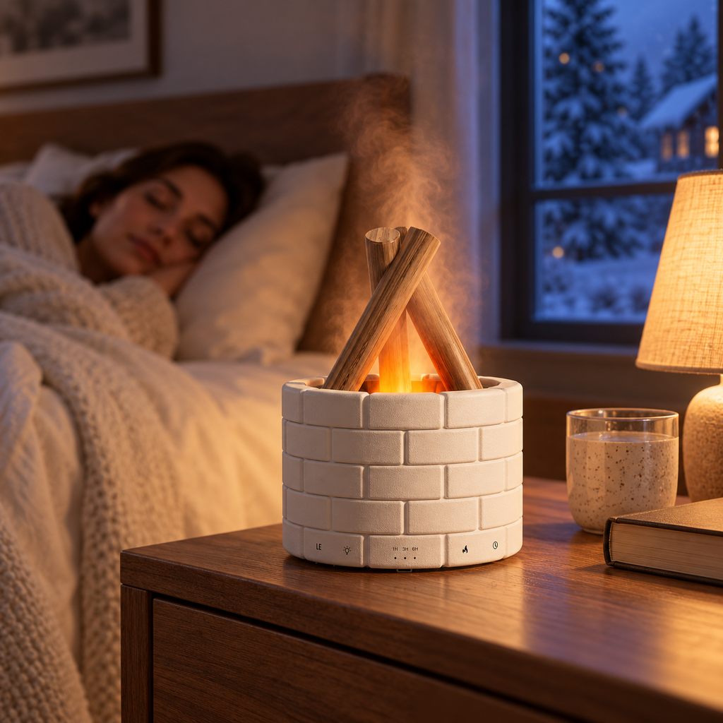 EmberMist humidifier glowing softly on a nightstand while a woman sleeps